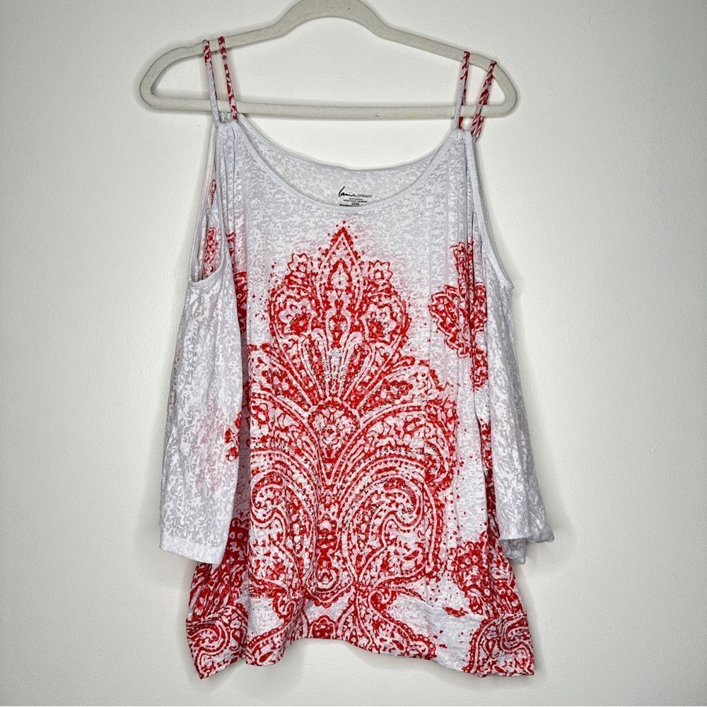 Lane Bryant paisley white red open‎ shoulder summer shirt rhinestones